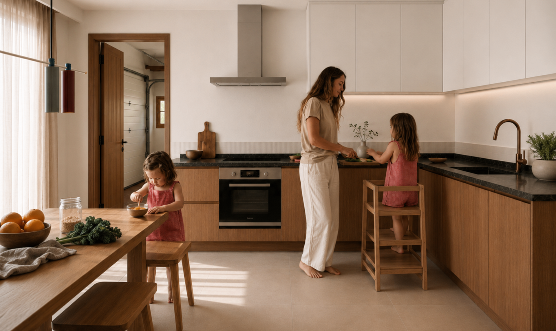 Cocina y salón abiertos de Taula con familia cocinando