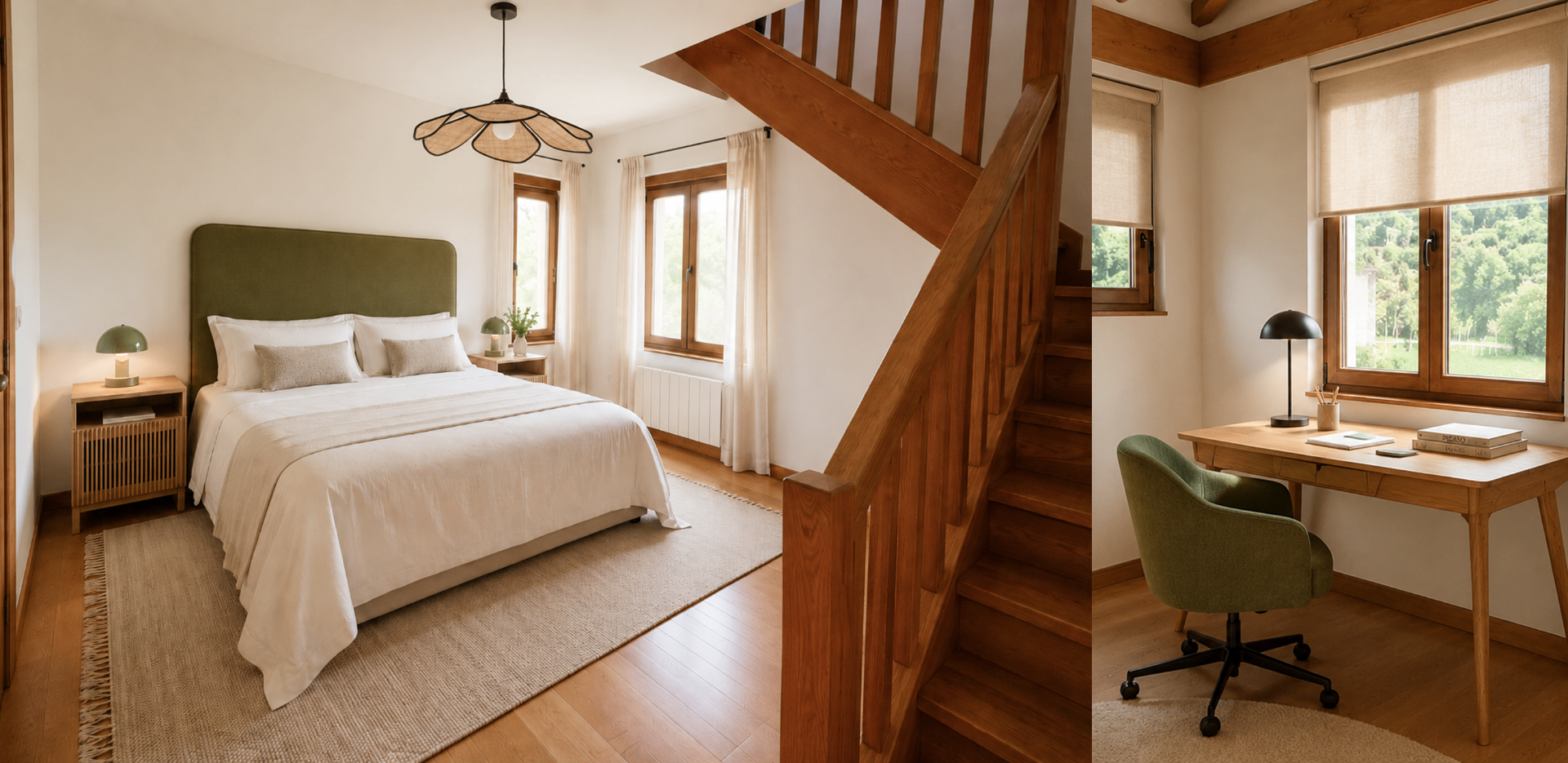 Dormitorio luminoso de Taula con detalle de cama y ropa de cama natural