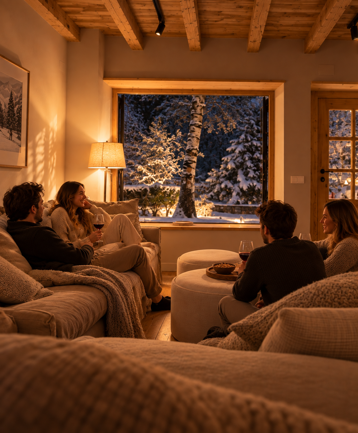 Un salón para volver después de un día de esquí, encender la calma y quedarse junto a la chimenea.
