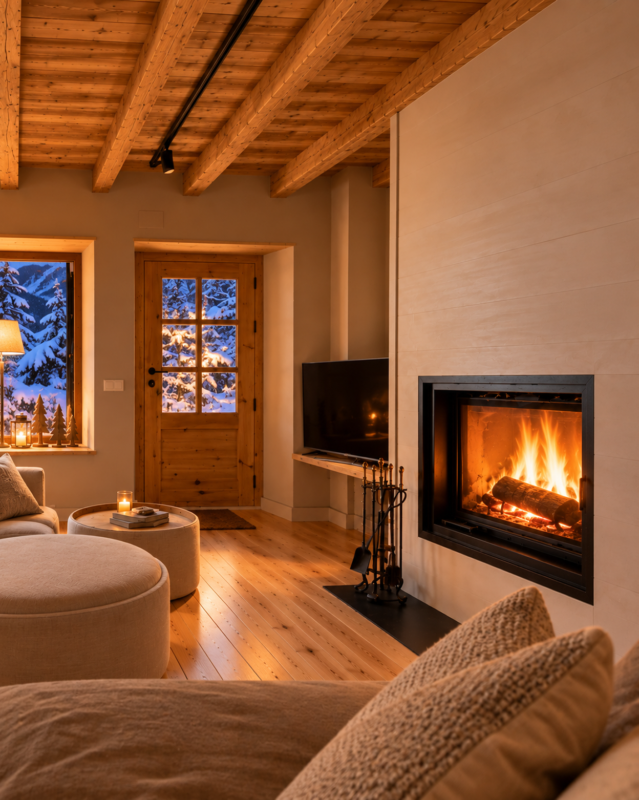 Un salón para volver después de un día de esquí, encender la calma y quedarse junto a la chimenea.